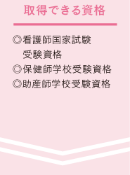 取得できる資格:◎看護師国家試験受験資格◎保健師学校受験資格◎助産師学校受験資格